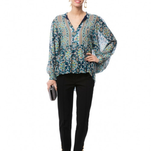 Shoshanna Tops - Shoshanna Silvano Blouse Blue White Printed Top Semi Sheer Size XS